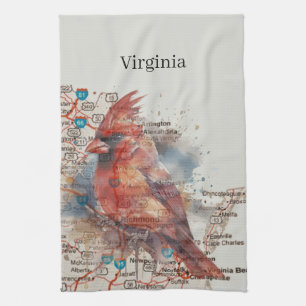 Cardinal on Virginia Road Map Tea Towel