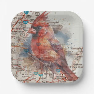 Cardinal on Virginia Road Map Watercolor Art Paper Plate