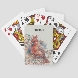 Cardinal on Virginia Road Map Watercolor Art Playing Cards