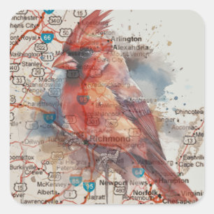 Cardinal on Virginia Road Map Watercolor Art Square Sticker