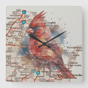Cardinal on Virginia Road Map Watercolor Art Square Wall Clock