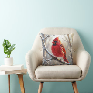Cardinal Perched on Winter Branch with Icicles Cushion