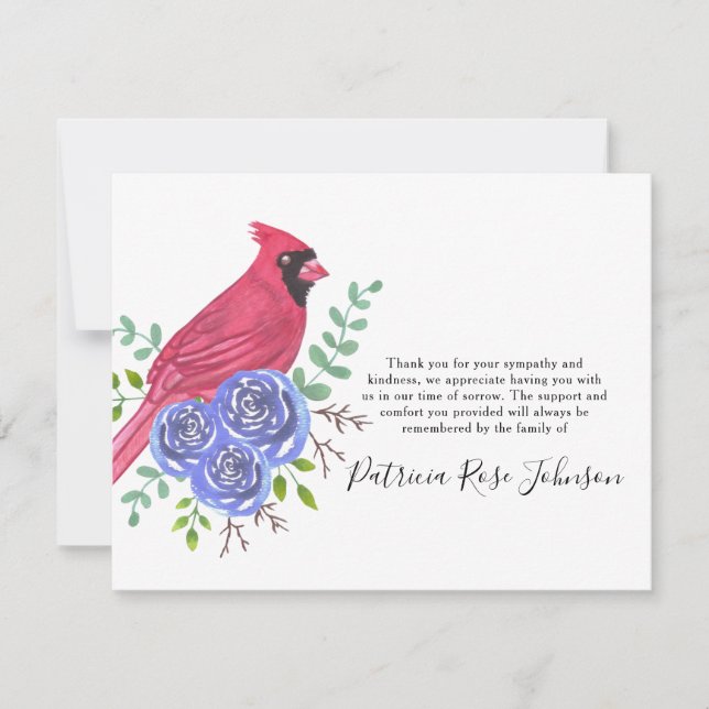Cardinal Red Bird Funeral Thank You Note Card (Front)