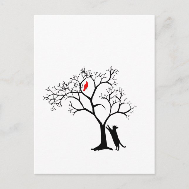 Cardinal Red Bird in Snowy Winter Tree & Cat Postcard (Front)