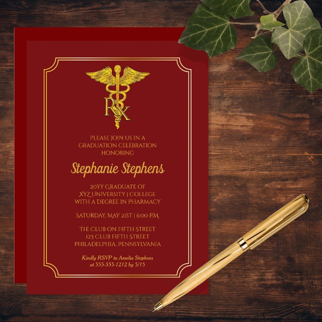 Cardinal Red | Gold Rx Pharmacy Graduation Party Invitation (Cardinal Red and Gold Tone Rx Pharmacy Graduation Party Invitation)