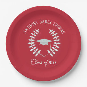 Cardinal Red Grad Cap and Leaves Paper Plates 9"