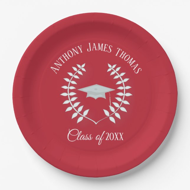 Cardinal Red Grad Cap and Leaves Paper Plates 9" (Front)