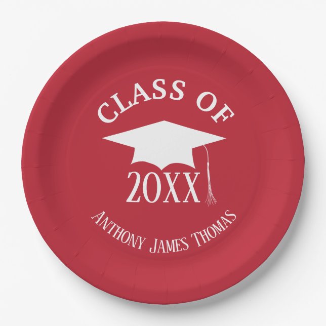 Cardinal Red Grad Cap and Leaves Paper Plates 9" (Front)