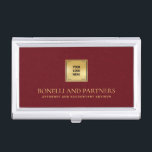 Cardinal Red Leather Business Corporate Gold Logo Business Card Holder<br><div class="desc">This luxury business card holder boasts a refined cardinal red leather-textured illustration, perfectly paired with your business logo over a faux gold overlay for a premium, professional look. Your name, profession, or firm name stands out in opulent gold-tone lettering, creating a timeless and unforgettable impression. Ideal for professionals across various...</div>