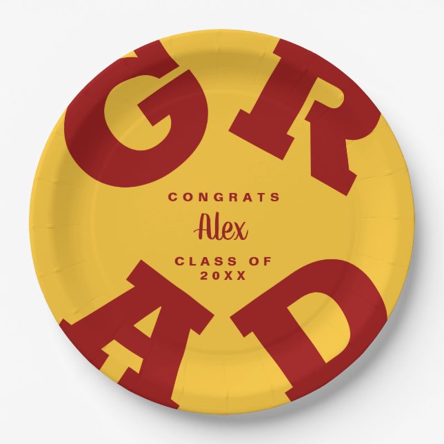 Cardinal Red on Gold Graduation Custom Name Paper Plate (Front)