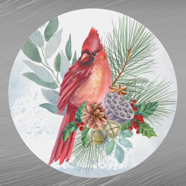 Cardinal Red Pine Greenery Christmas Classic Round Sticker (Creator Uploaded)