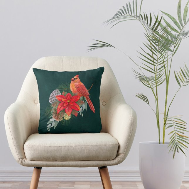 Cardinal Red Poinsettia Greenery Christmas  Cushion (Creator Uploaded)