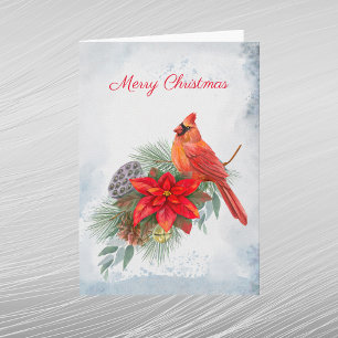Cardinal Red Poinsettia Greenery Christmas Holiday Card