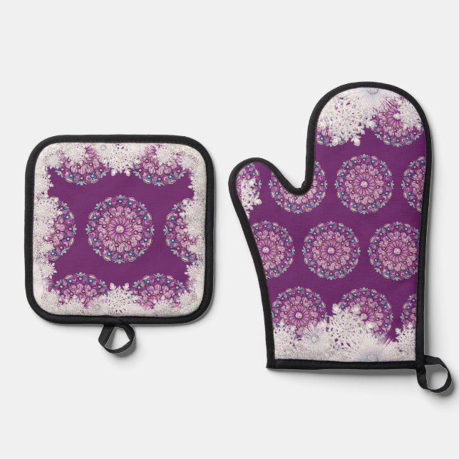 Cardinal red rosace & snowflake oven mitt & pot holder set (Front)