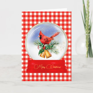 Cardinal Snow Globe on Red Gingham Christmas Card