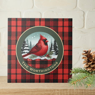 Cardinal Snow n Buffalo Plaid Family Name Monogram Tile