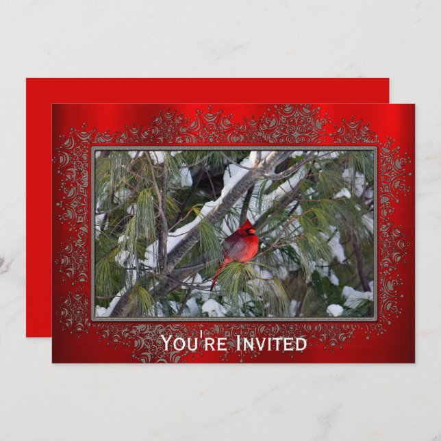 Cardinal Snow Pine Tree Photo Christmas Invitation (Front/Back)