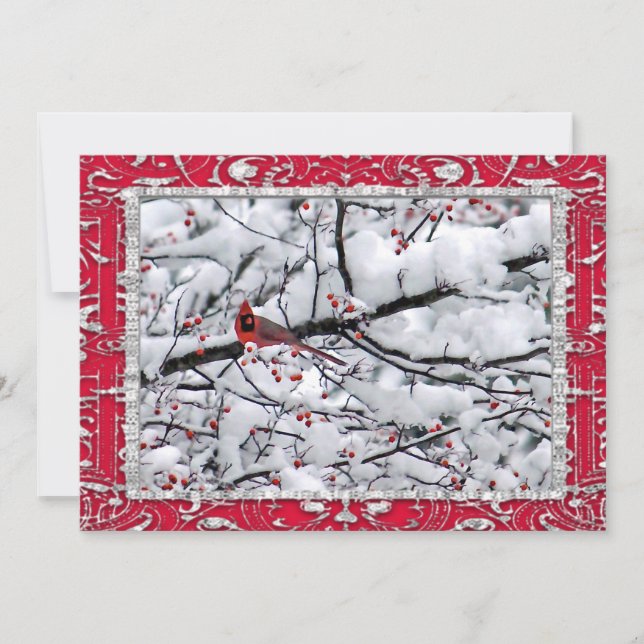 Cardinal Snow Tree Photo Christmas Flat Holiday Card (Front)