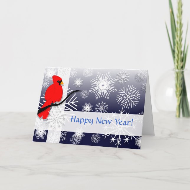 Cardinal & snowflakes,  Happy New Year! Holiday Card (Front)
