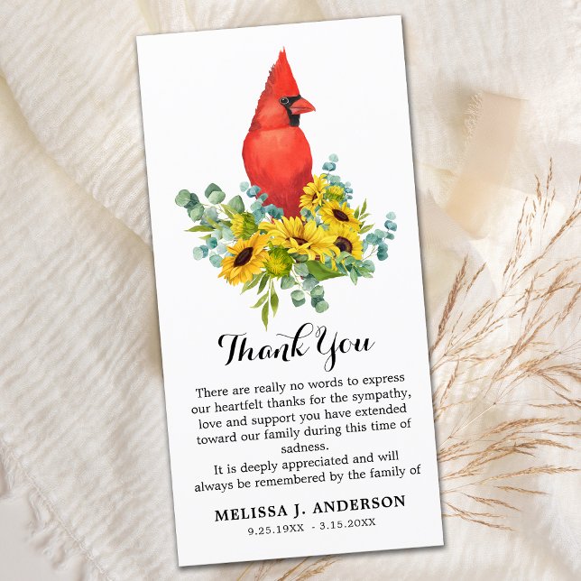 Cardinal Sunflowers Funeral Memorial Sympathy Thank You Card (Creator Uploaded)