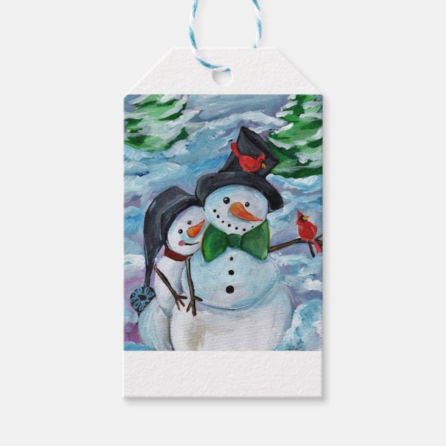 Cardinal visiting Snowmen Gift Tags (Front)
