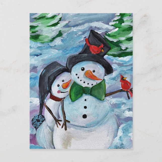 Cardinal visiting Snowmen Postcard (Front)