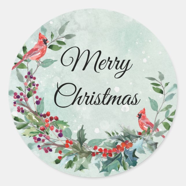Cardinal Watercolor Christmas Classic Round Sticker (Front)