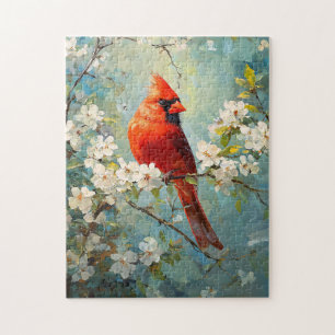 Cardinal White Blossoming Flowers Art Jigsaw Puzzle