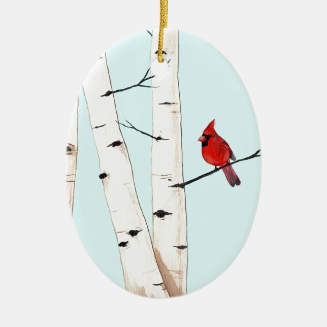 Cardinal with Birch Trees Ceramic Tree Decoration (Front)