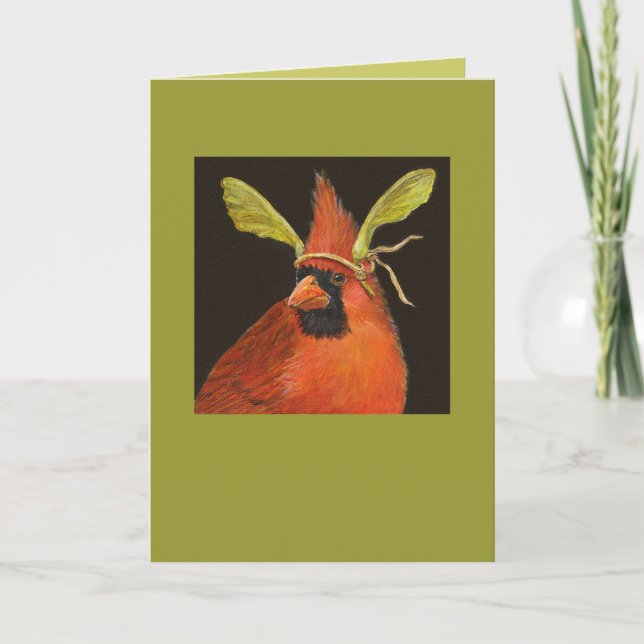 cardinal with maple seed hat on card (Front)