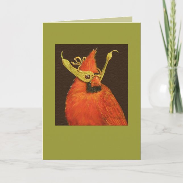 cardinal with maple seed mask card (Front)
