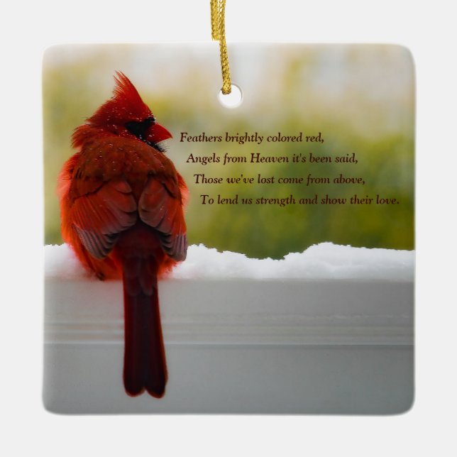 Cardinal with Visitor From Heaven poem Ceramic Ornament (Front)