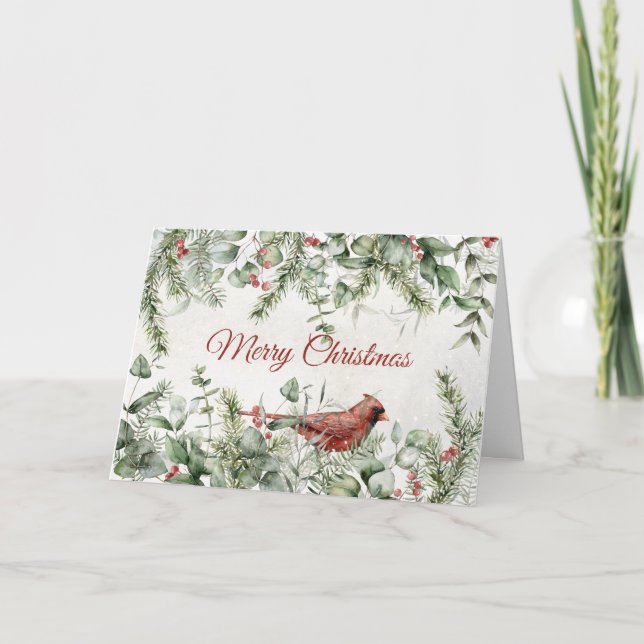 Cardinal with Winter Foliage and Berries Holiday Card (Front)