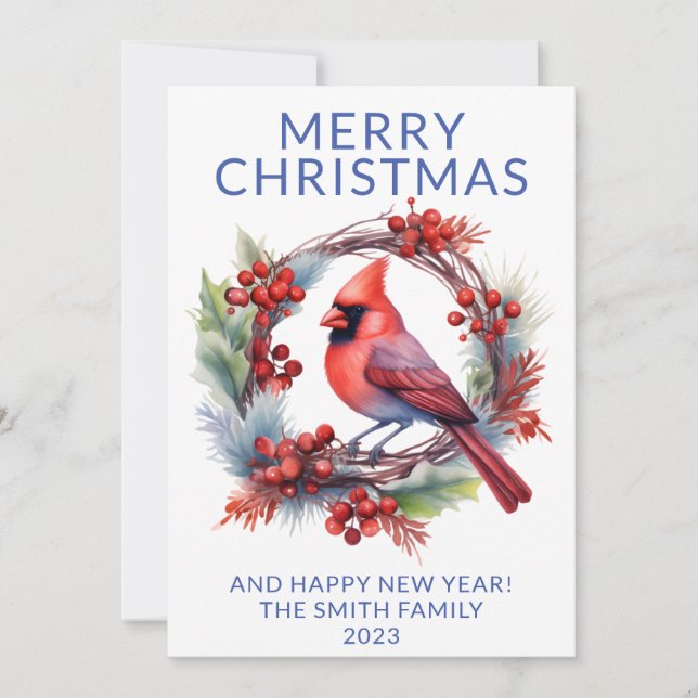 Cardinal Wreath Blue Holiday Card (Front)