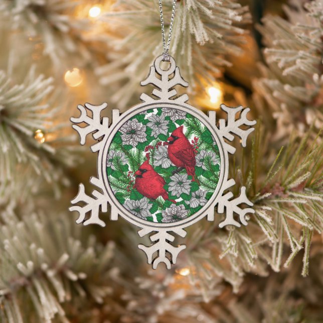Cardinals 2 snowflake pewter christmas ornament (Tree)