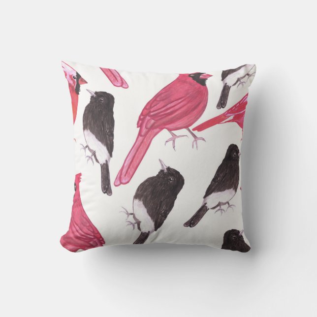 Cardinals and black phoebe birds watercolor cushion (Front)