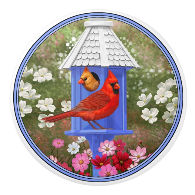 Cardinals and Blue Birdhouse Ceramic Knob (Front)