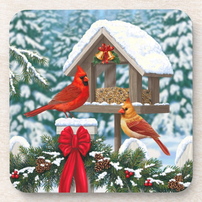 Cardinals and Christmas Bird Feeder Coaster (Front)