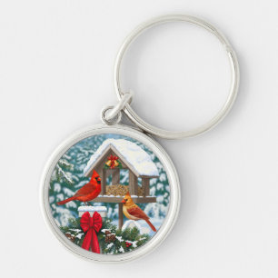 Cardinals and Christmas Bird Feeder Key Ring