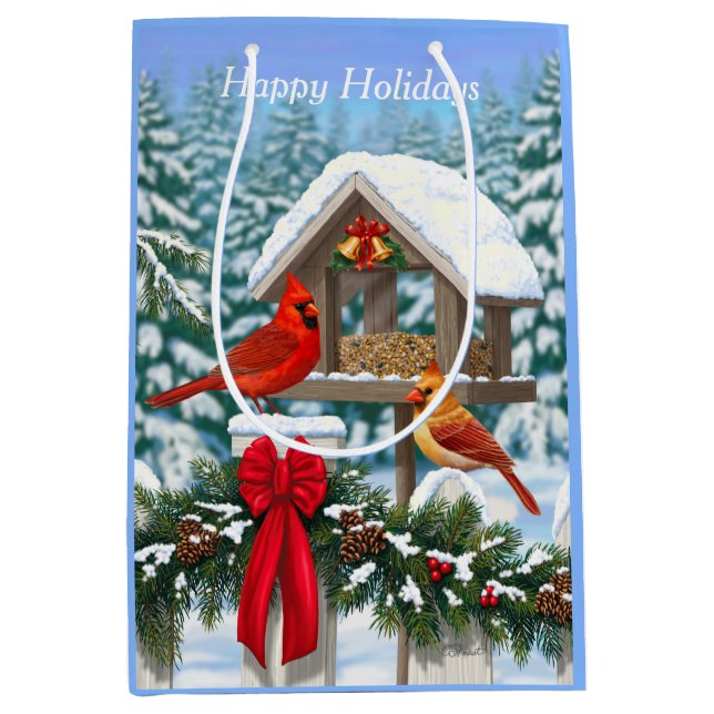 Cardinals and Christmas Bird Feeder Medium Gift Bag (Front)