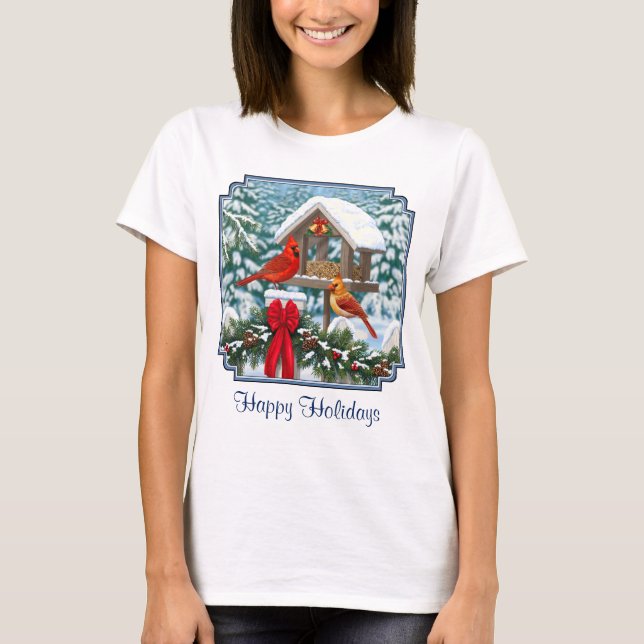 Cardinals and Christmas Bird Feeder T-Shirt (Front)