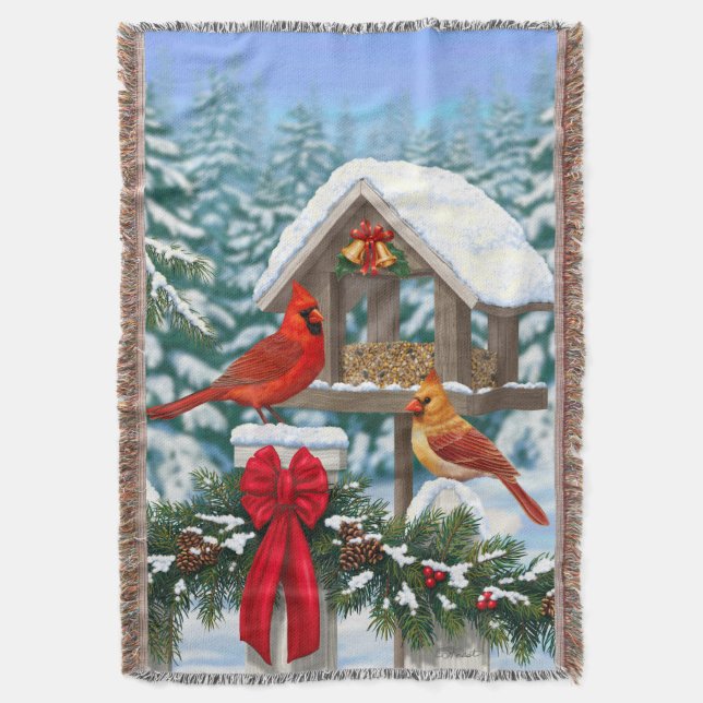 Cardinals and Christmas Bird Feeder Throw Blanket (Front Vertical)