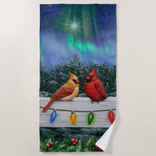 Cardinals and Christmas Lights Winter Snow Beach Towel