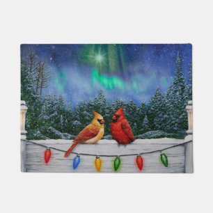 Cardinals and Christmas Lights Winter Snow Doormat