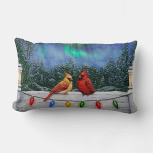 Cardinals and Christmas Lights Winter Snow Lumbar Cushion