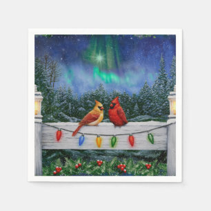 Cardinals and Christmas Lights Winter Snow Napkin