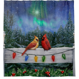 Cardinals and Christmas Lights Winter Snow Shower Curtain