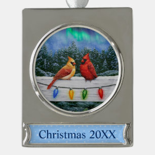 Cardinals and Christmas Lights Winter Snow Silver Plated Banner Ornament