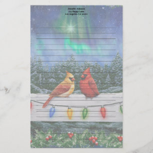 Cardinals and Christmas Lights Winter Snow Stationery