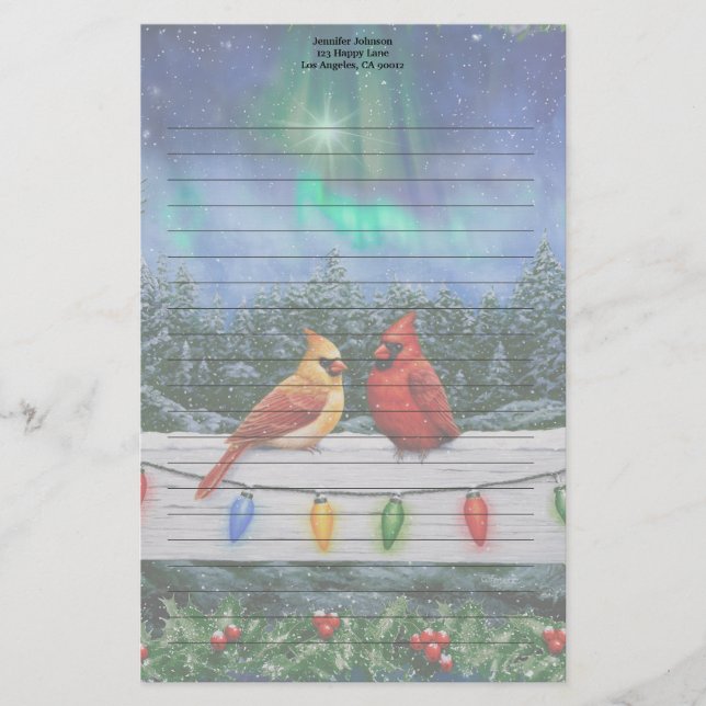 Cardinals and Christmas Lights Winter Snow Stationery (Front)